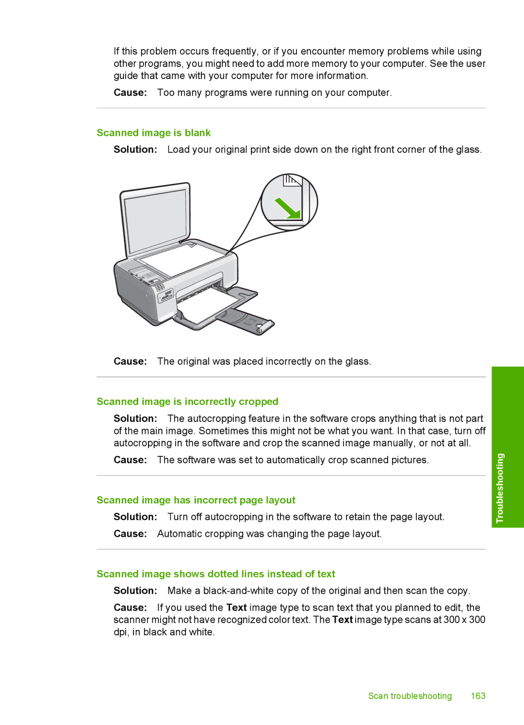 HP C4344, C4342 manual Scanned image is blank, Scanned image is incorrectly cropped, Scanned image has incorrect page layout 