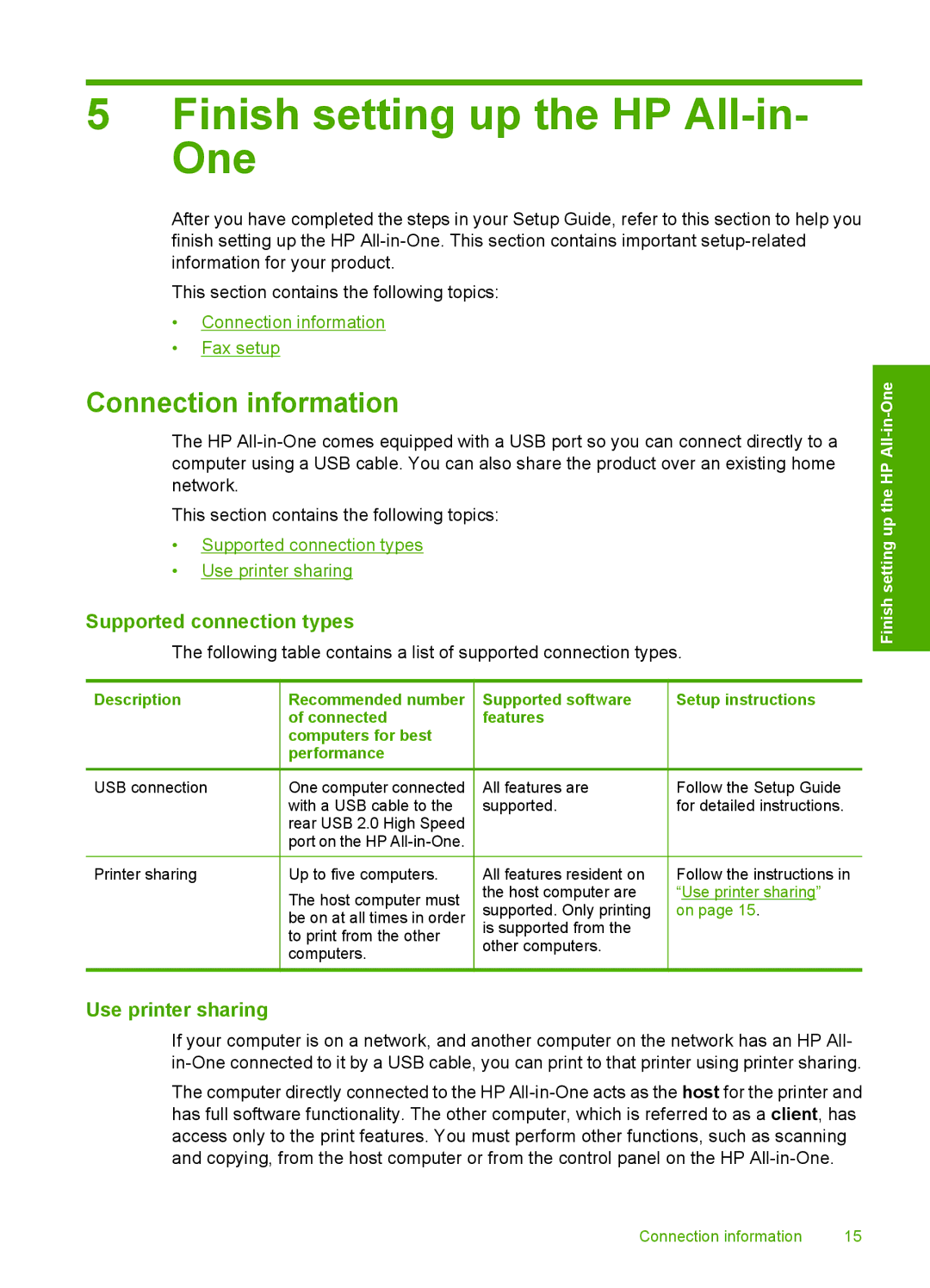 HP C4344 Finish setting up the HP All-in- One, Connection information, Supported connection types, Use printer sharing 