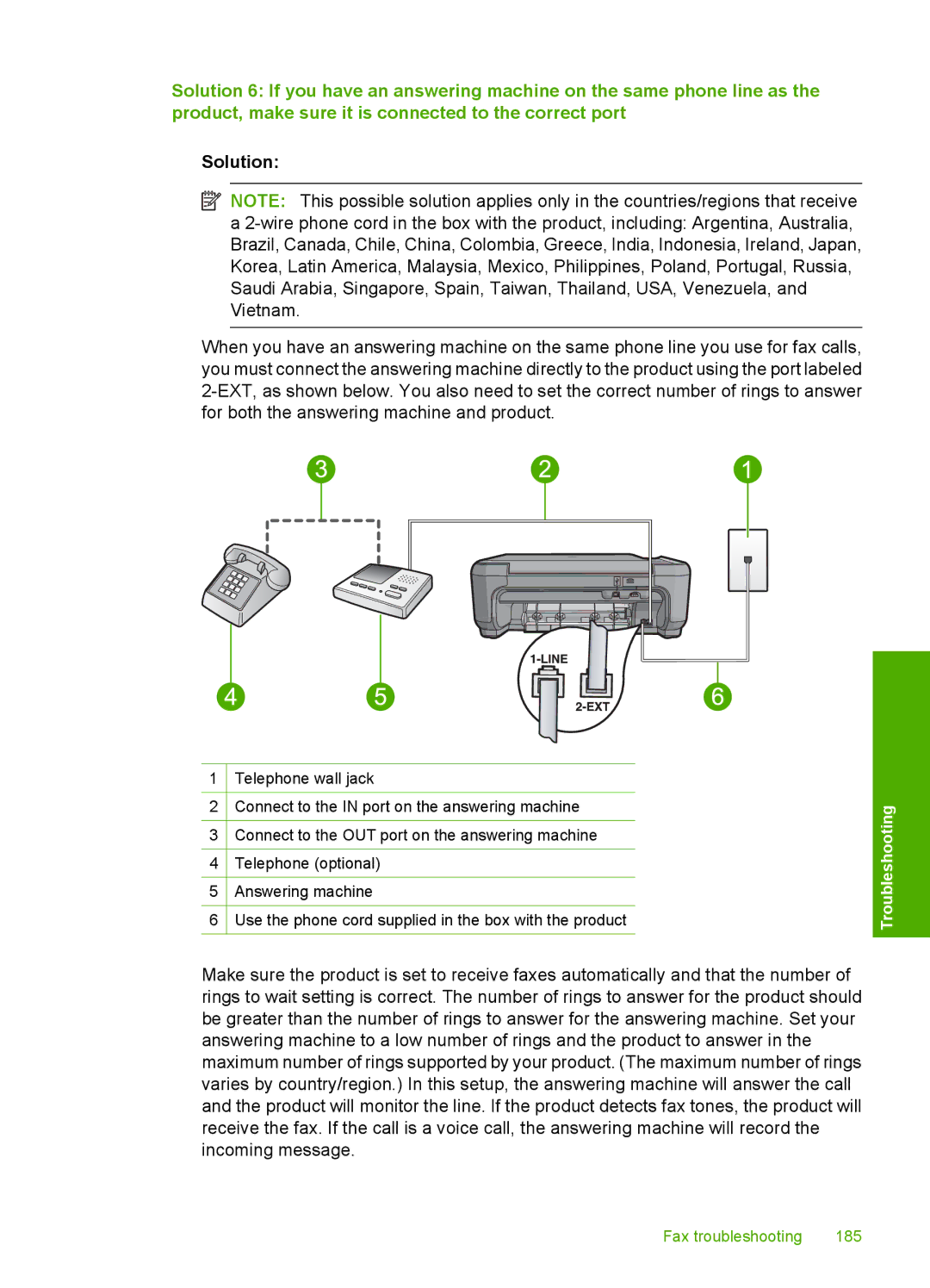 HP C4344, C4342 manual Fax troubleshooting 185 