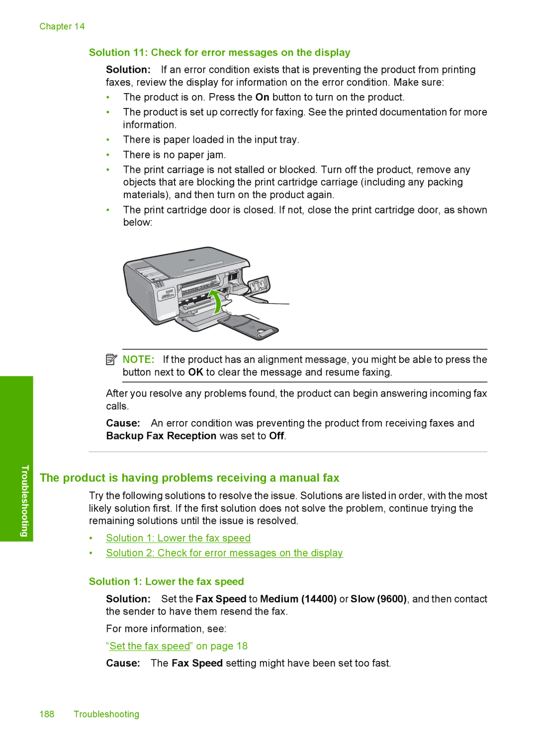 HP C4342, C4344 Product is having problems receiving a manual fax, Solution 11 Check for error messages on the display 