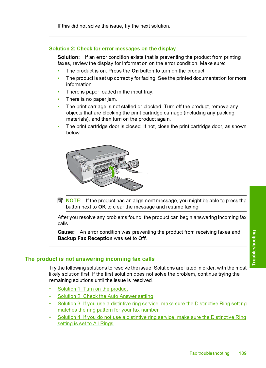 HP C4344, C4342 manual Product is not answering incoming fax calls, Solution 2 Check for error messages on the display 