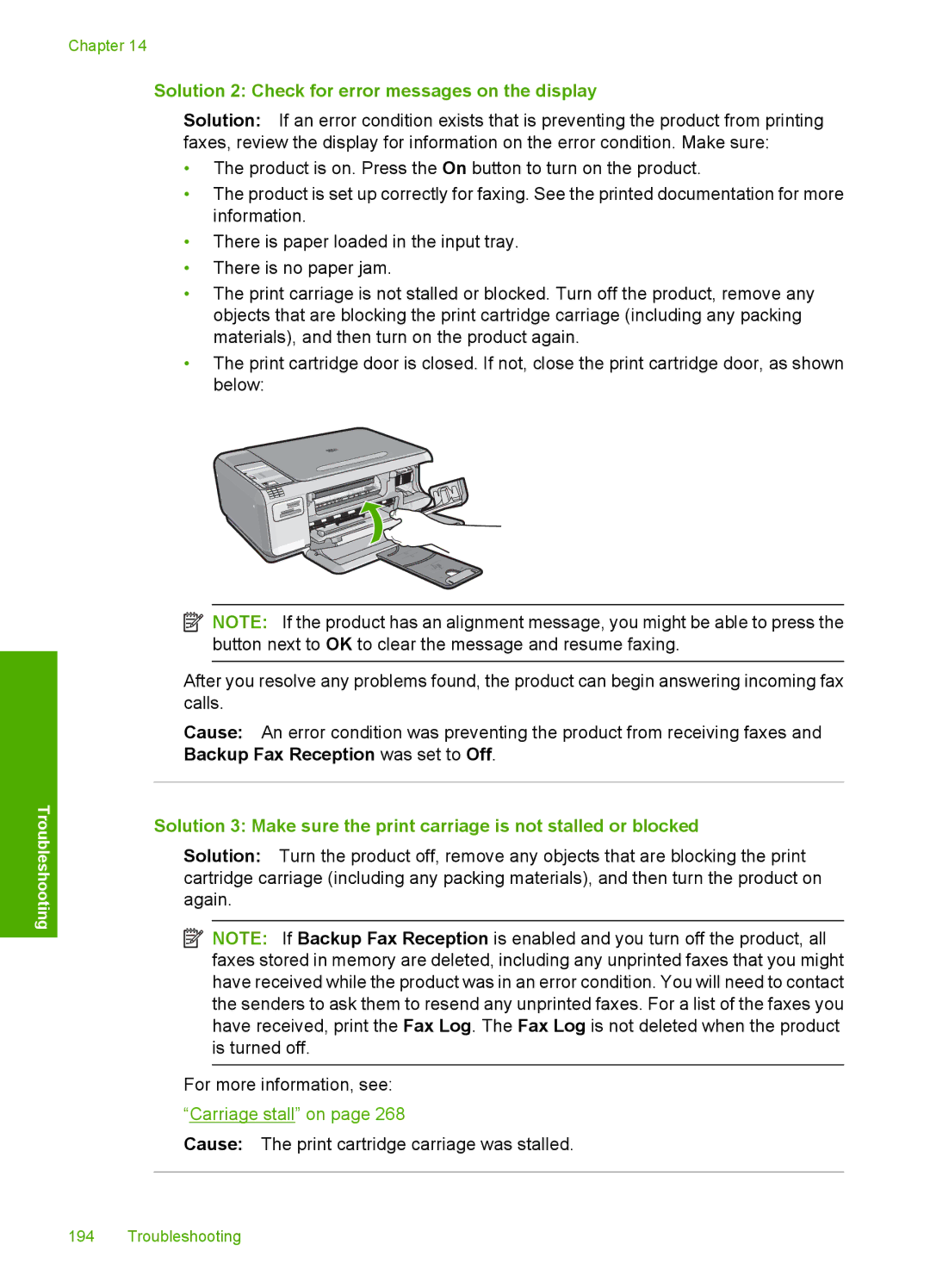 HP C4342, C4344 manual Cause The print cartridge carriage was stalled 