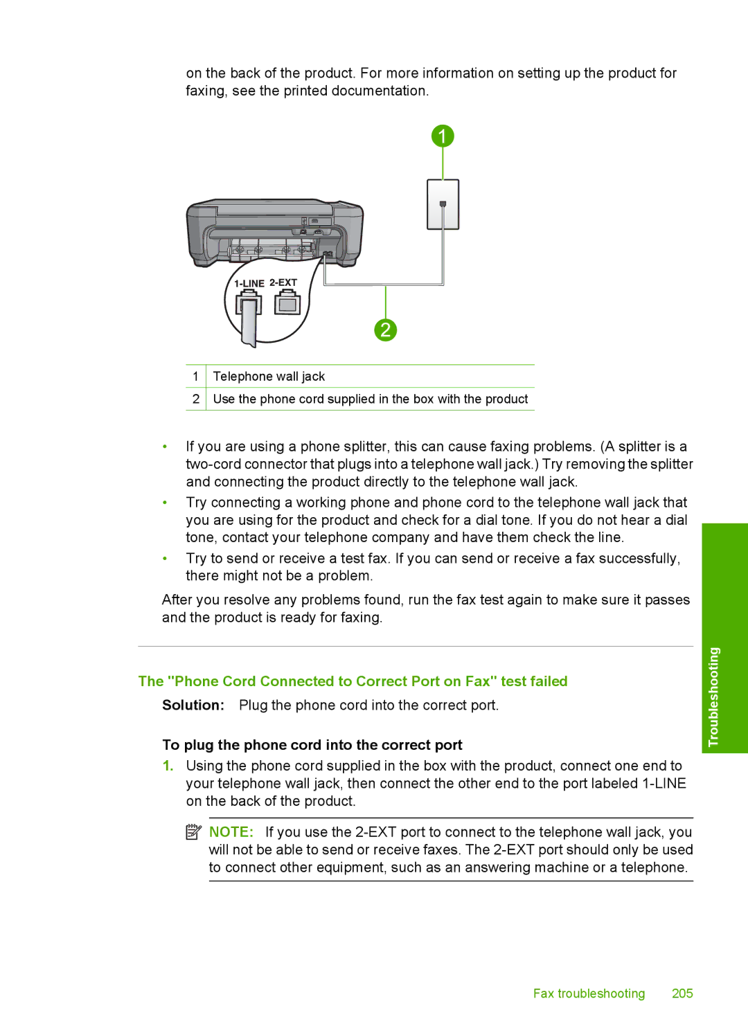 HP C4344, C4342 manual Phone Cord Connected to Correct Port on Fax test failed, To plug the phone cord into the correct port 