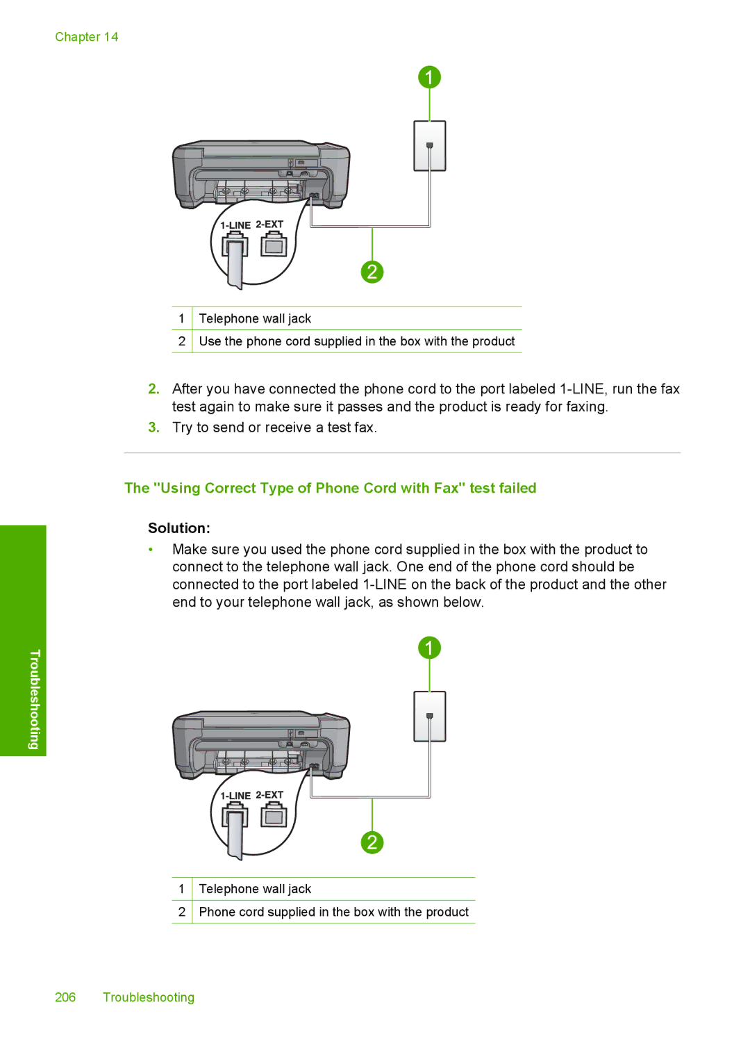 HP C4342, C4344 manual Using Correct Type of Phone Cord with Fax test failed 