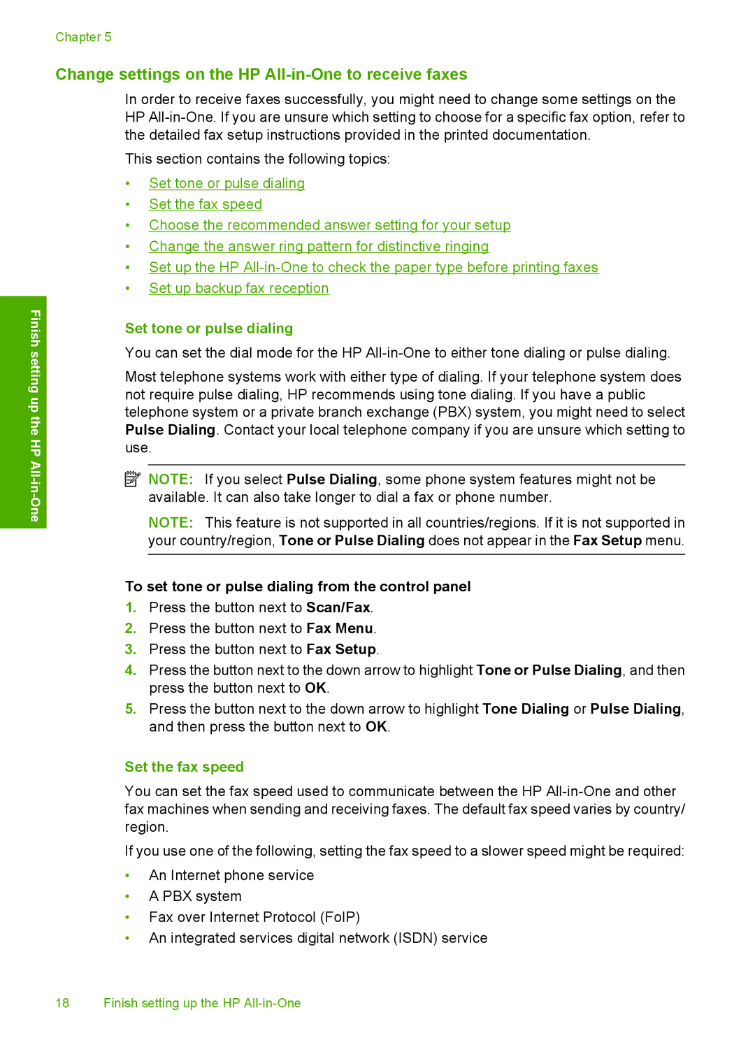 HP C4342, C4344 manual Change settings on the HP All-in-One to receive faxes, Set tone or pulse dialing, Set the fax speed 