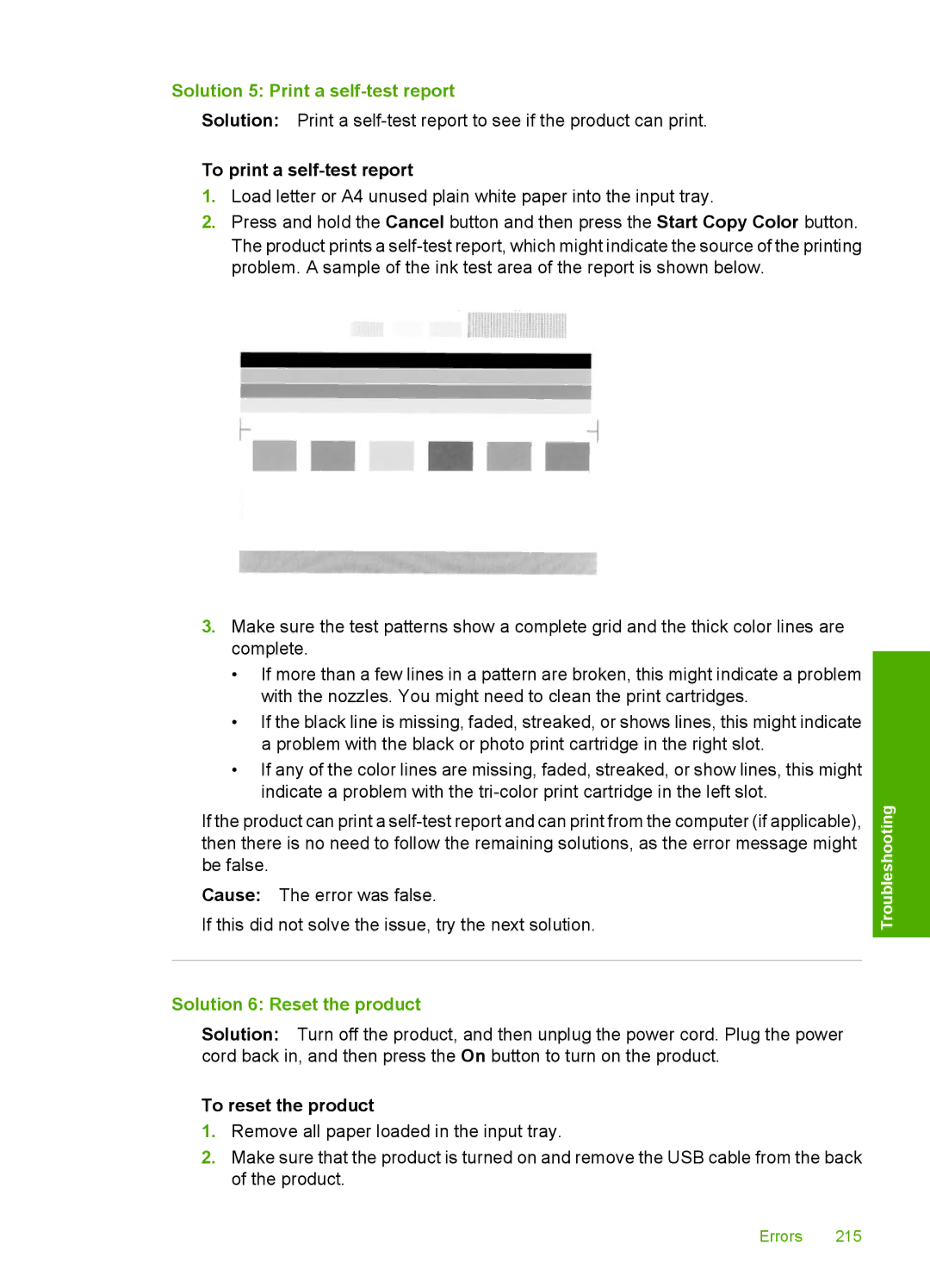 HP C4344, C4342 manual Solution 5 Print a self-test report, Solution 6 Reset the product, To reset the product 