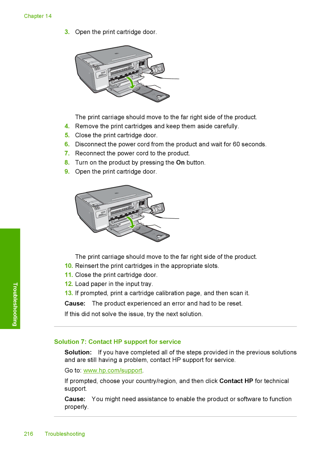 HP C4342, C4344 manual Solution 7 Contact HP support for service 