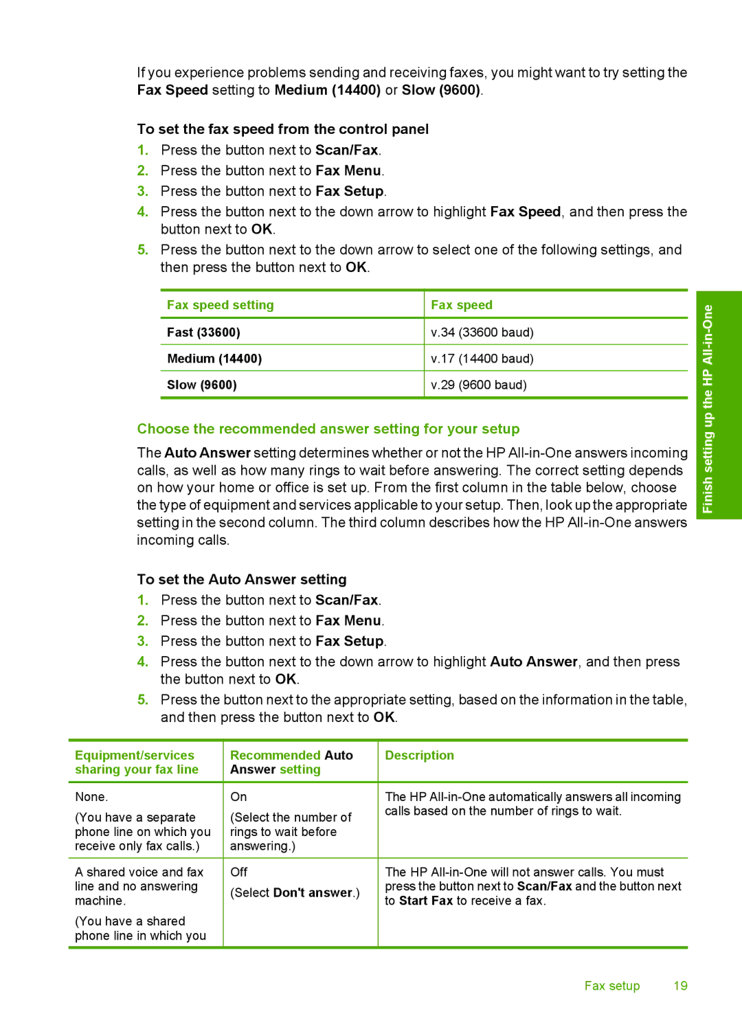 HP C4344, C4342 manual To set the fax speed from the control panel, Choose the recommended answer setting for your setup 