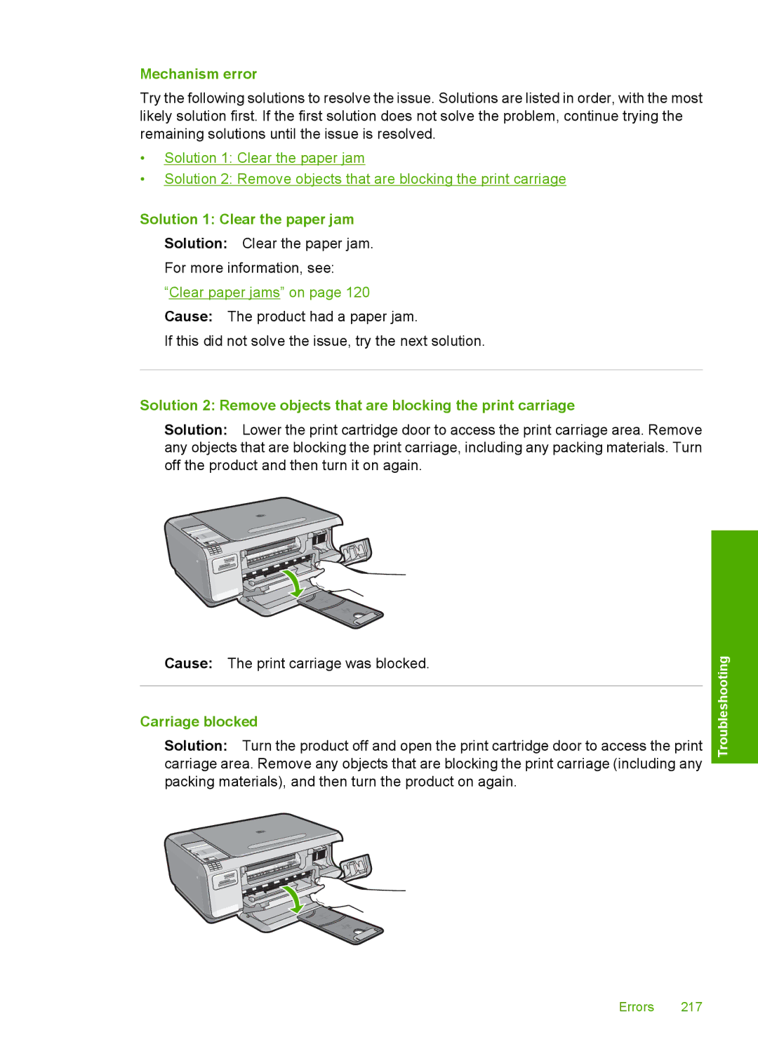 HP C4344, C4342 manual Mechanism error, Solution 1 Clear the paper jam, Carriage blocked 