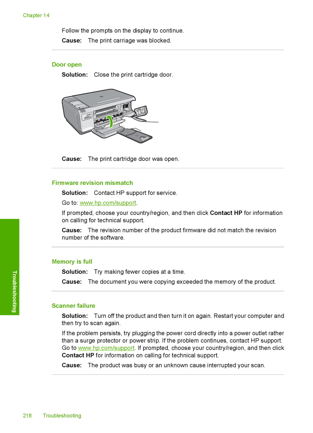 HP C4342, C4344 manual Door open, Firmware revision mismatch, Memory is full, Scanner failure 