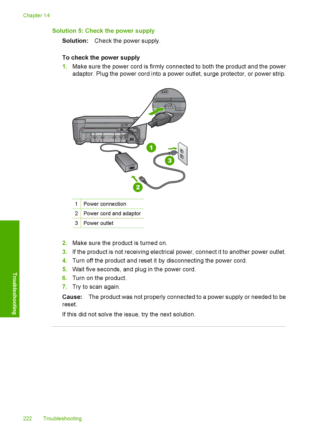 HP C4342, C4344 manual Solution 5 Check the power supply, To check the power supply 