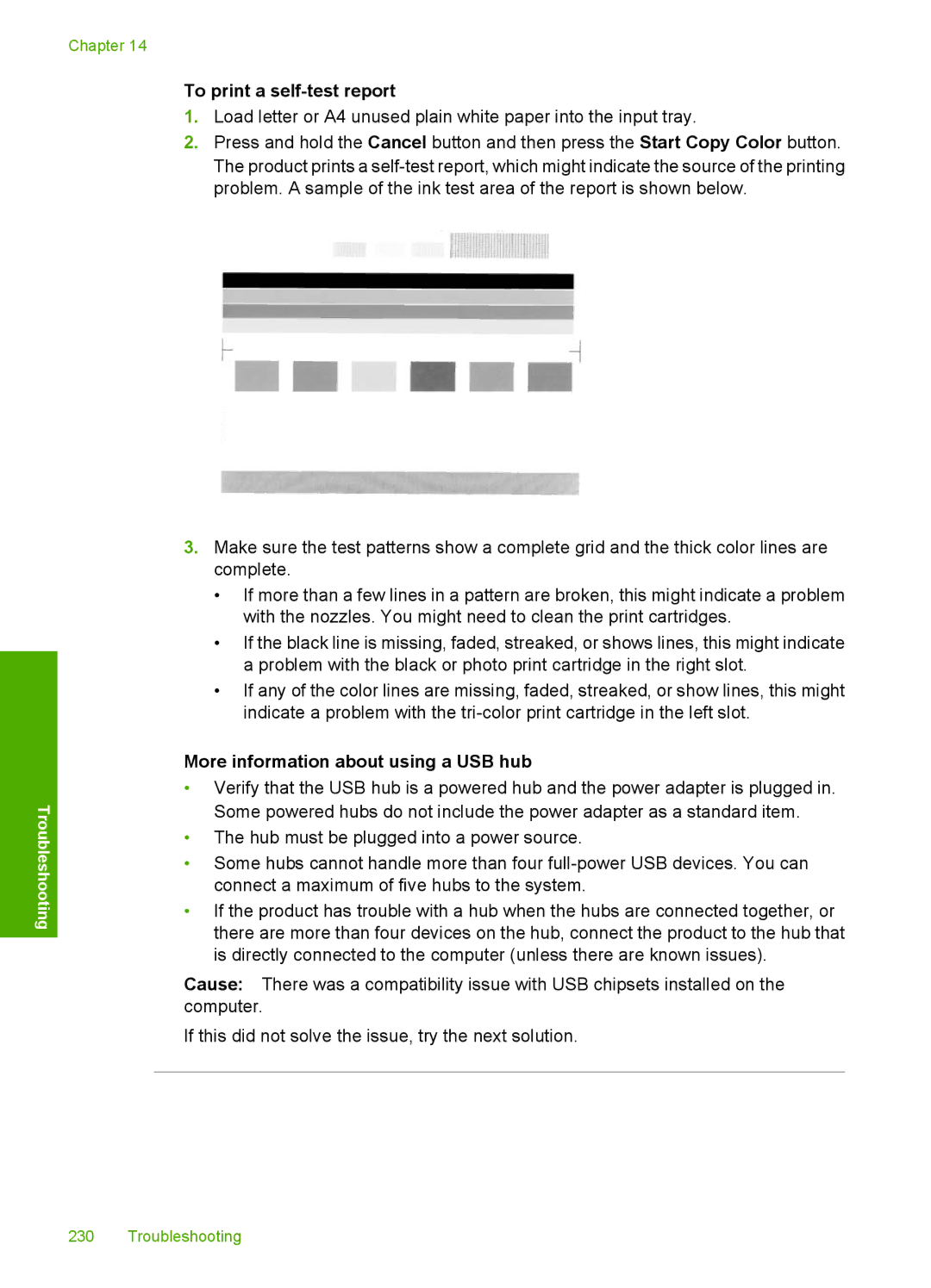 HP C4342, C4344 manual To print a self-test report, More information about using a USB hub 