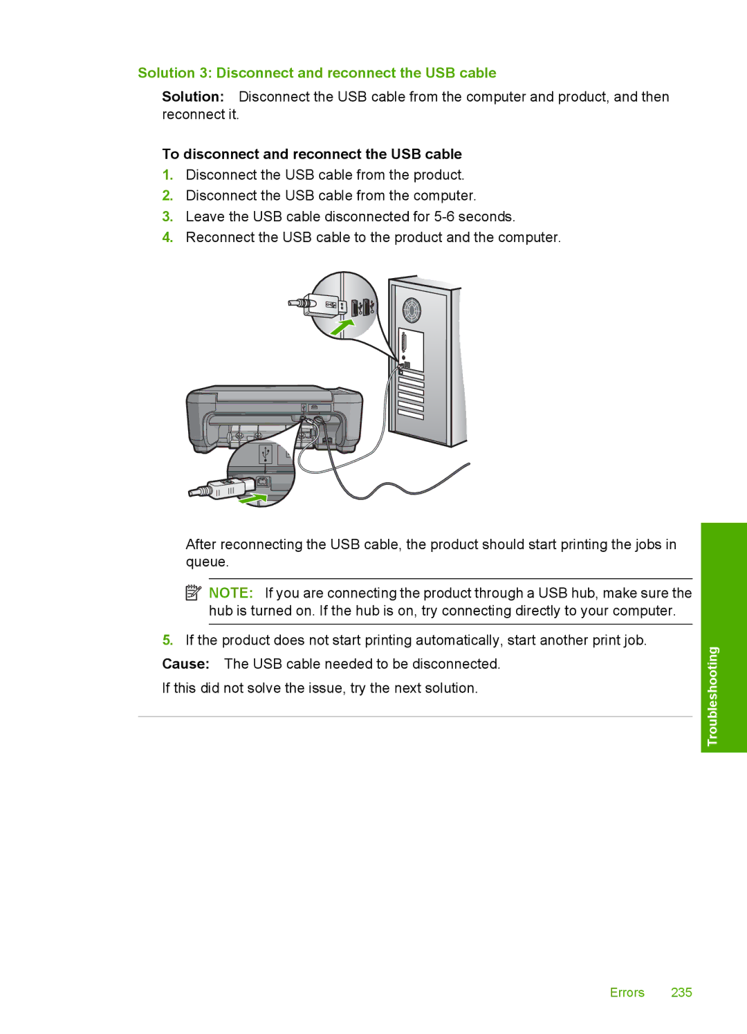 HP C4344, C4342 manual Solution 3 Disconnect and reconnect the USB cable, To disconnect and reconnect the USB cable 