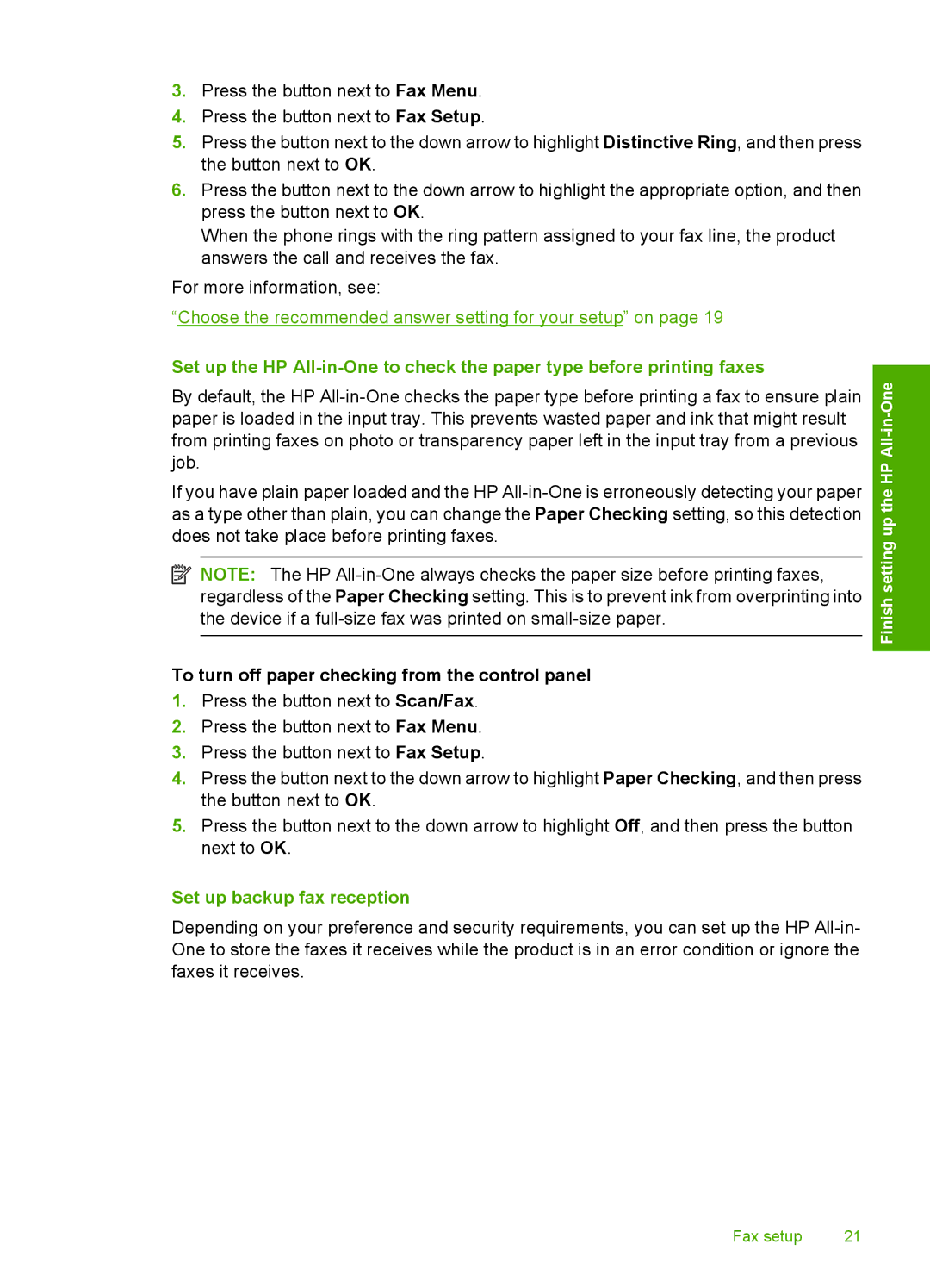 HP C4344, C4342 manual To turn off paper checking from the control panel, Set up backup fax reception 