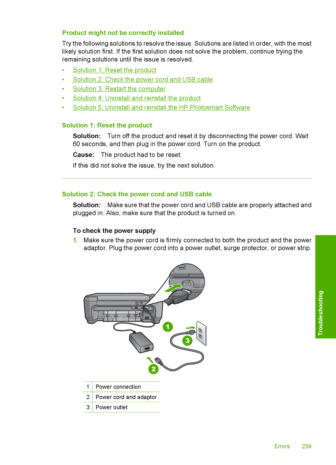 HP C4344, C4342 manual Product might not be correctly installed, Solution 2 Check the power cord and USB cable 