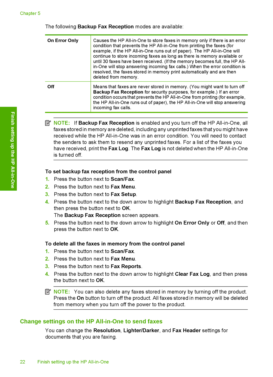 HP C4342, C4344 Change settings on the HP All-in-One to send faxes, To set backup fax reception from the control panel 