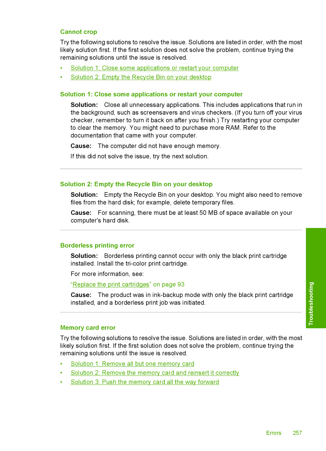 HP C4344, C4342 manual Cannot crop, Solution 1 Close some applications or restart your computer, Borderless printing error 