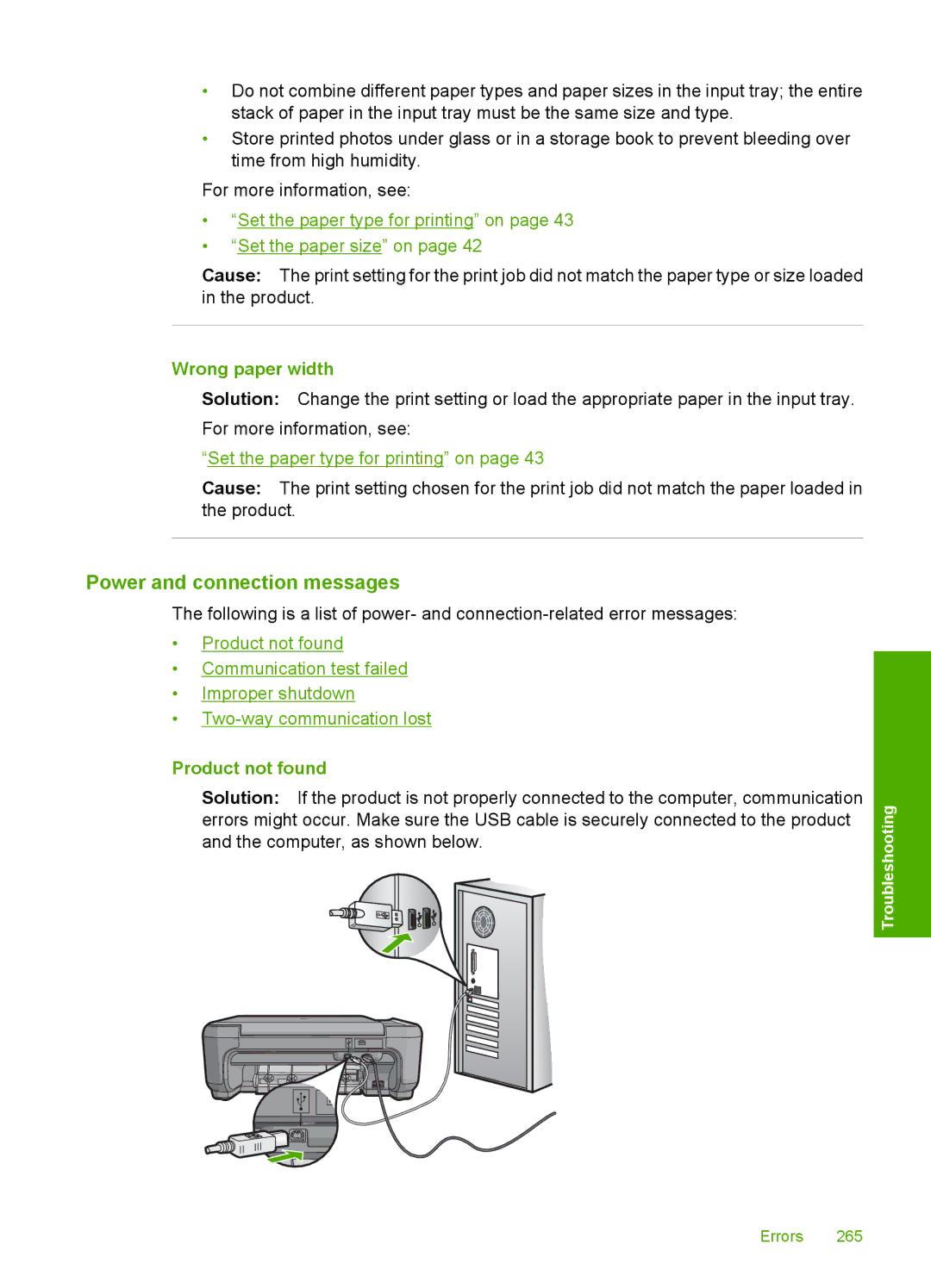 HP C4344, C4342 manual Power and connection messages, Wrong paper width, Product not found 