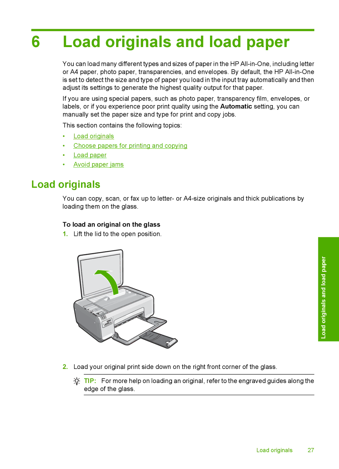 HP C4344, C4342 manual Load originals and load paper, To load an original on the glass 