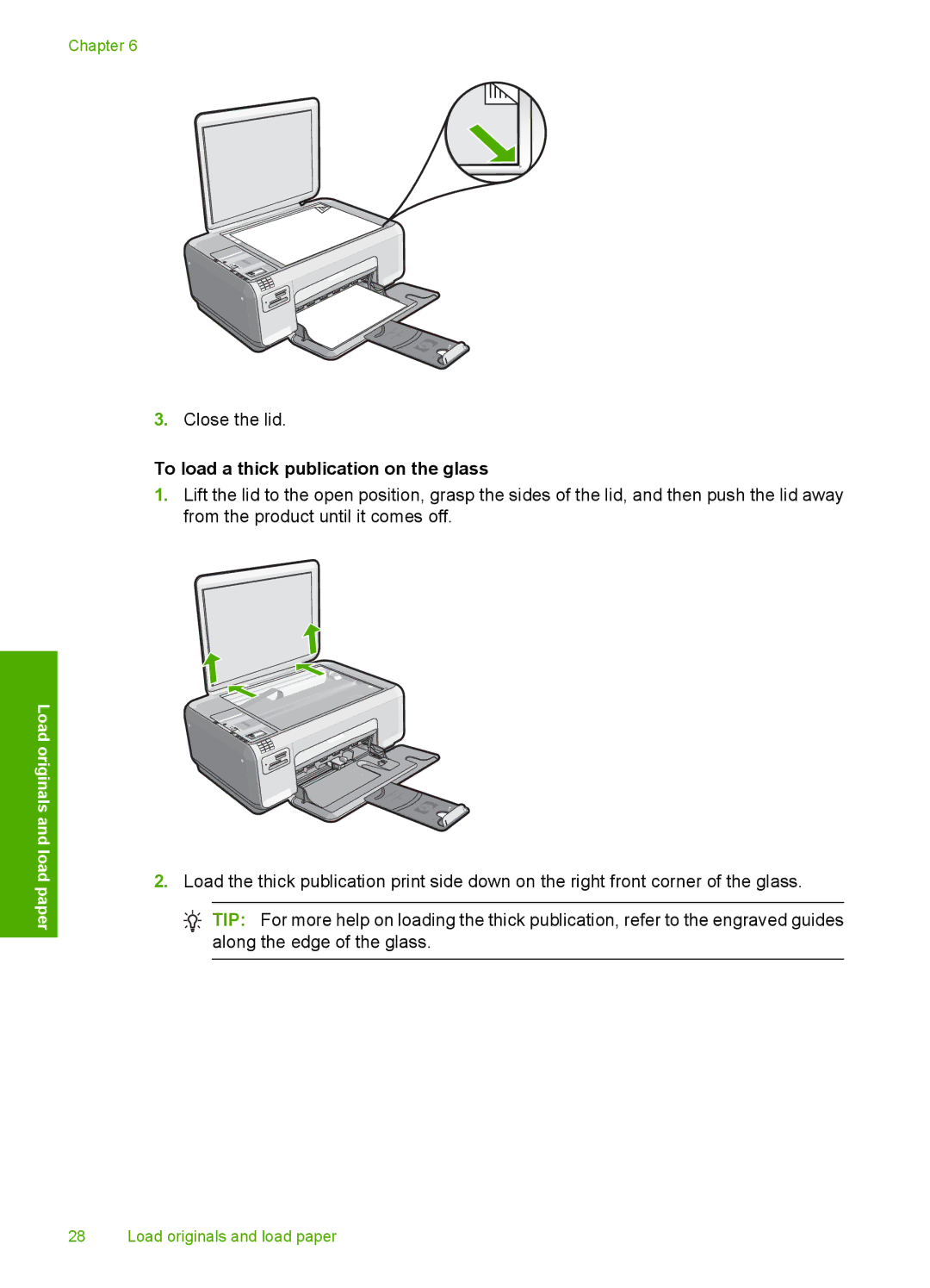 HP C4342, C4344 manual To load a thick publication on the glass 