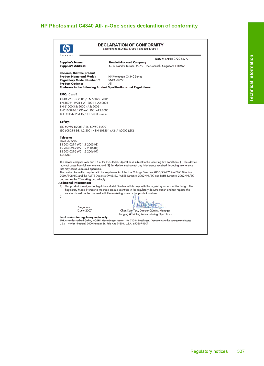 HP C4344, C4342 manual Regulatory notices 307 