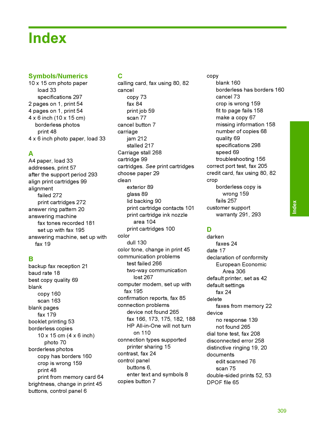 HP C4344, C4342 manual Index, Symbols/Numerics 