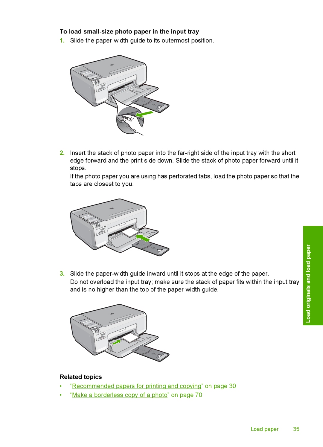 HP C4344, C4342 manual To load small-size photo paper in the input tray, Related topics 