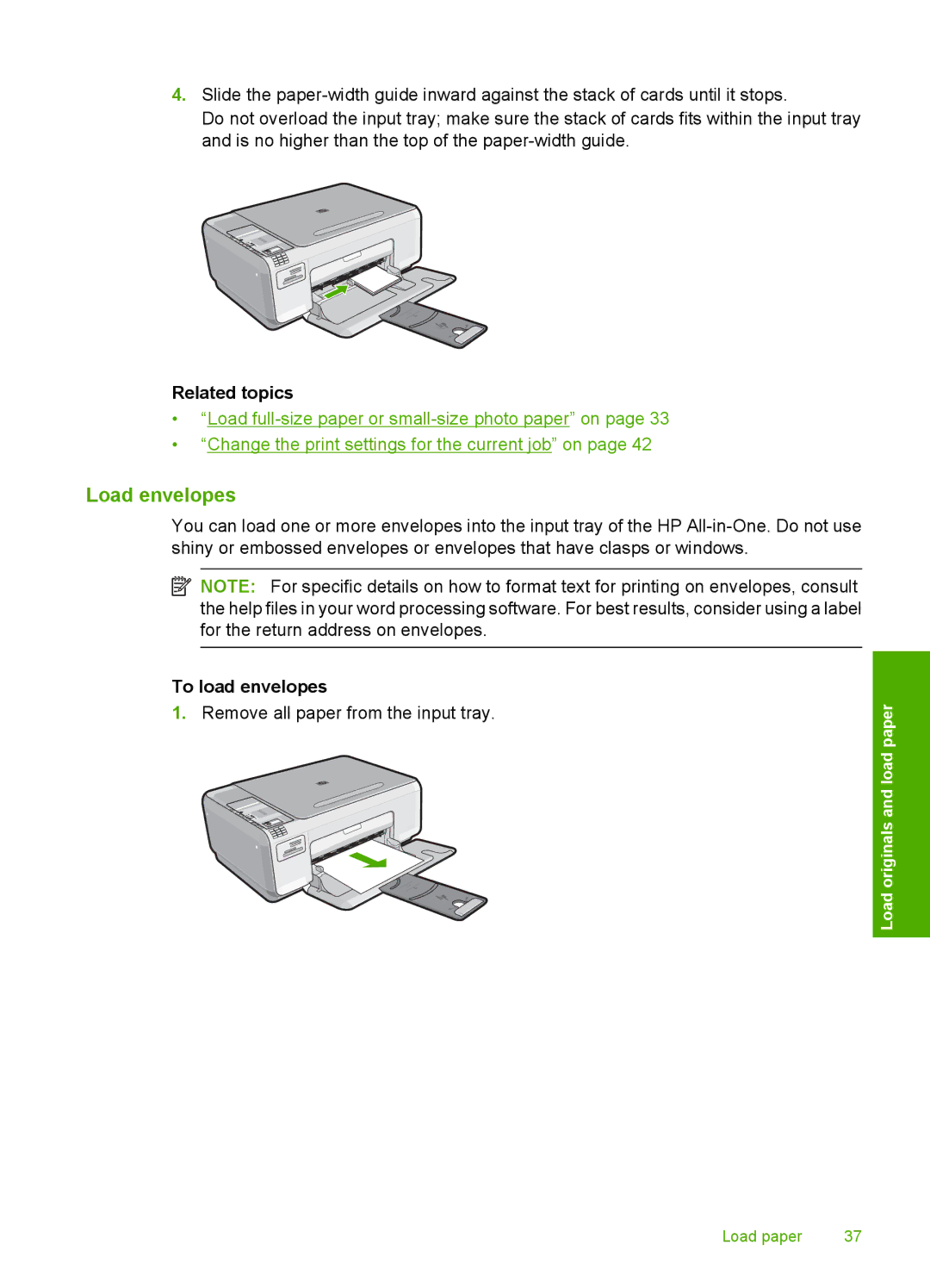 HP C4344, C4342 manual Load envelopes, To load envelopes 