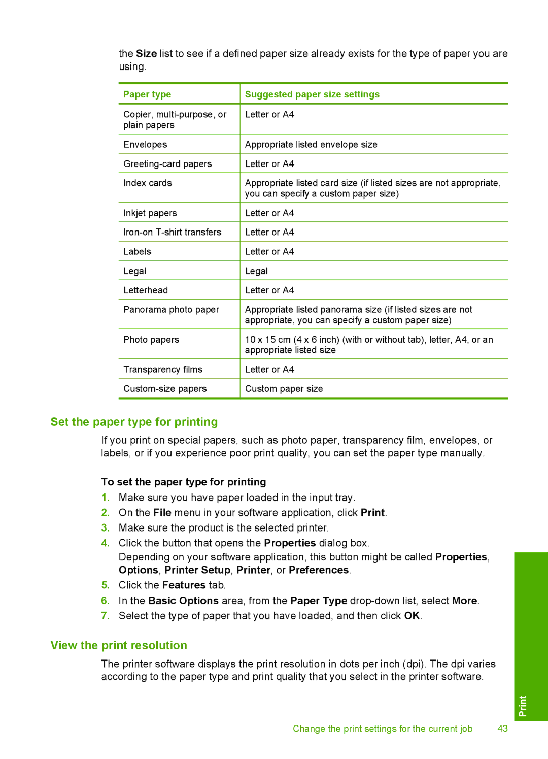 HP C4344, C4342 manual Set the paper type for printing, View the print resolution, To set the paper type for printing 