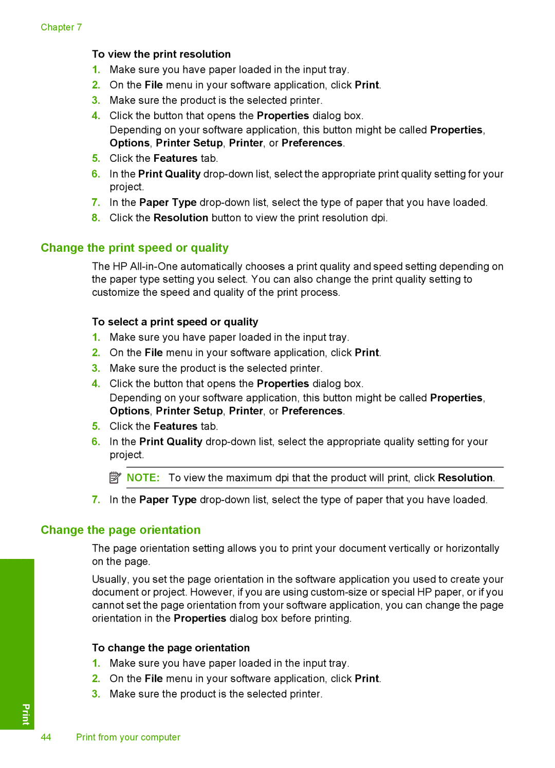 HP C4342, C4344 manual Change the print speed or quality, Change the page orientation, To view the print resolution 