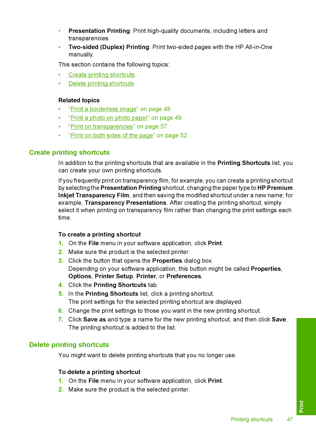 HP C4344, C4342 manual Create printing shortcuts, Delete printing shortcuts, To create a printing shortcut 