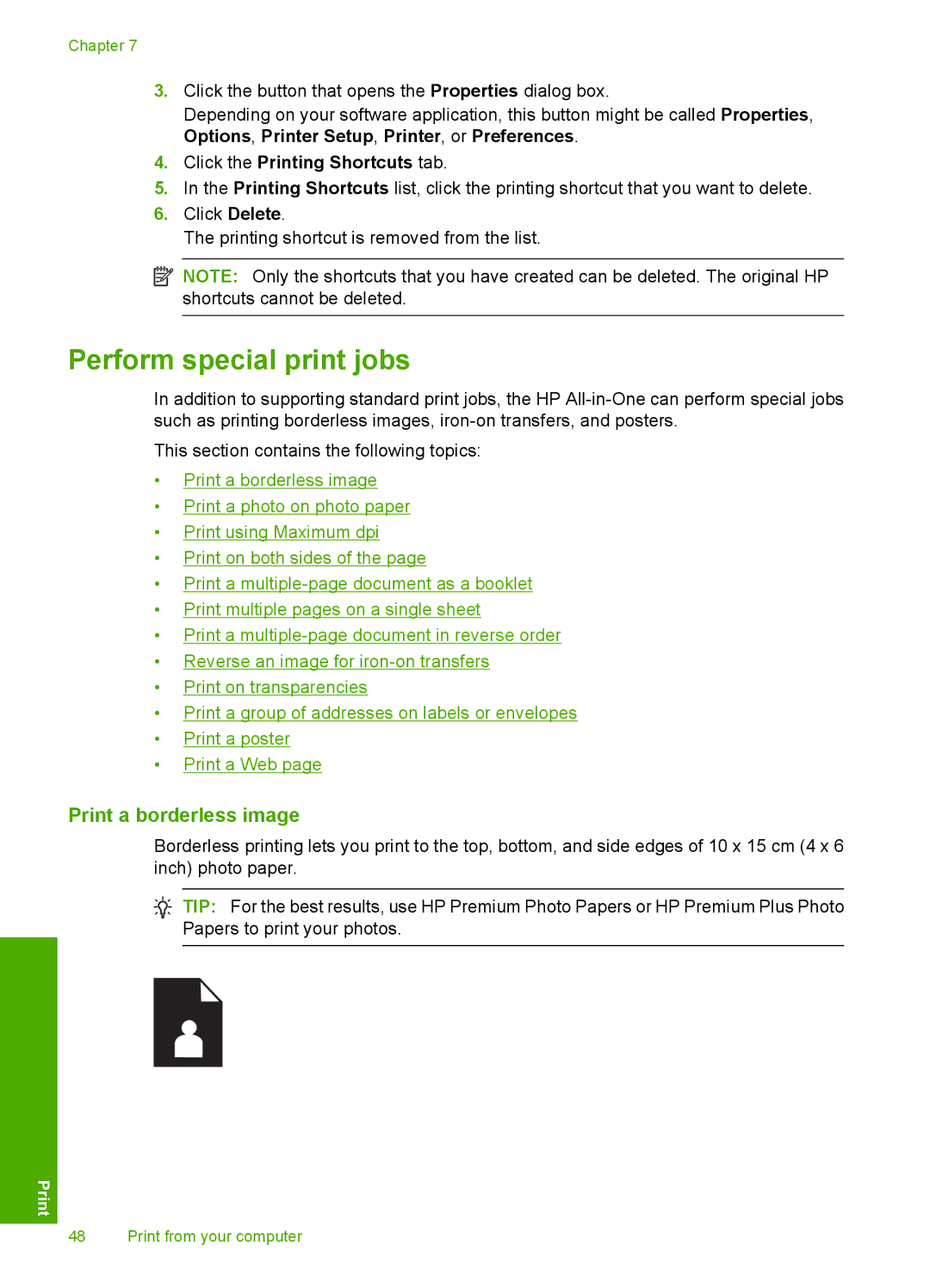 HP C4342, C4344 manual Perform special print jobs, Print a borderless image 