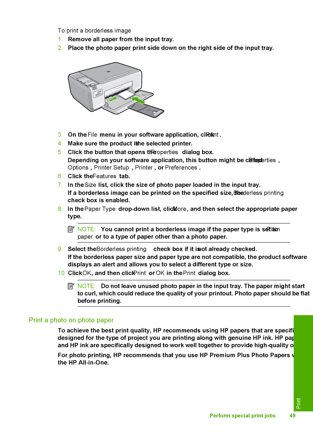 HP C4344, C4342 manual Print a photo on photo paper, To print a borderless image 