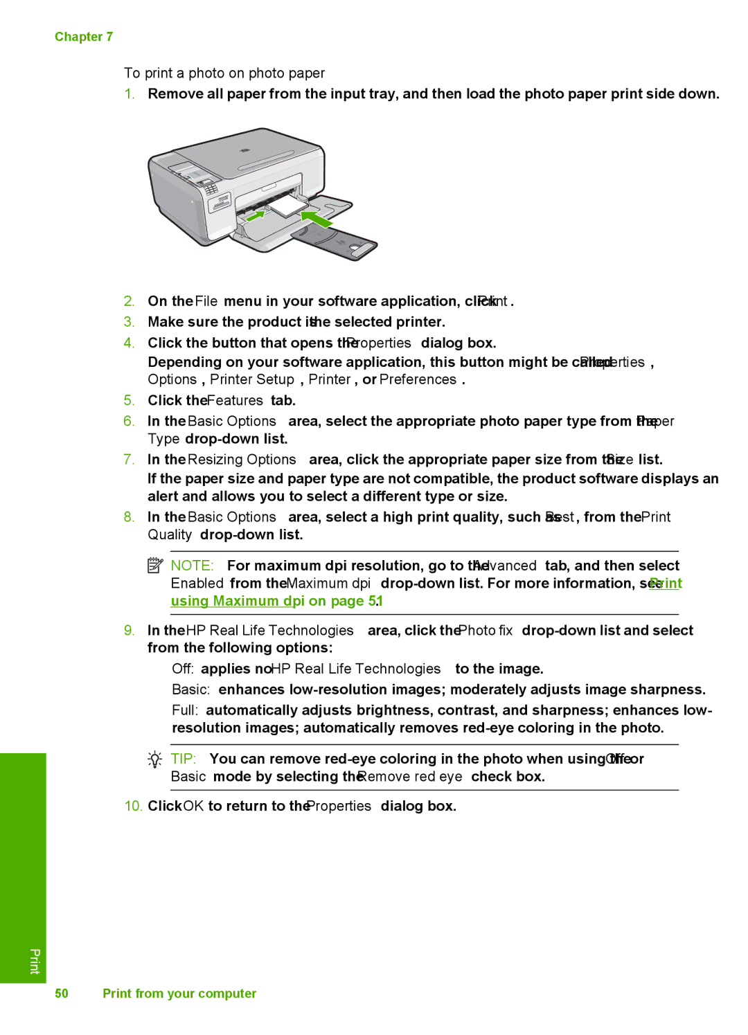 HP C4342, C4344 manual To print a photo on photo paper, Off applies no HP Real Life Technologies to the image 