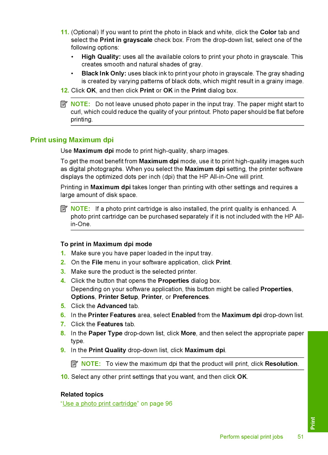 HP C4344, C4342 manual Print using Maximum dpi, To print in Maximum dpi mode 