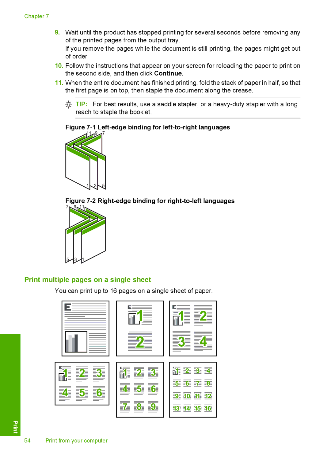 HP C4342, C4344 manual Print multiple pages on a single sheet, Left-edge binding for left-to-right languages 