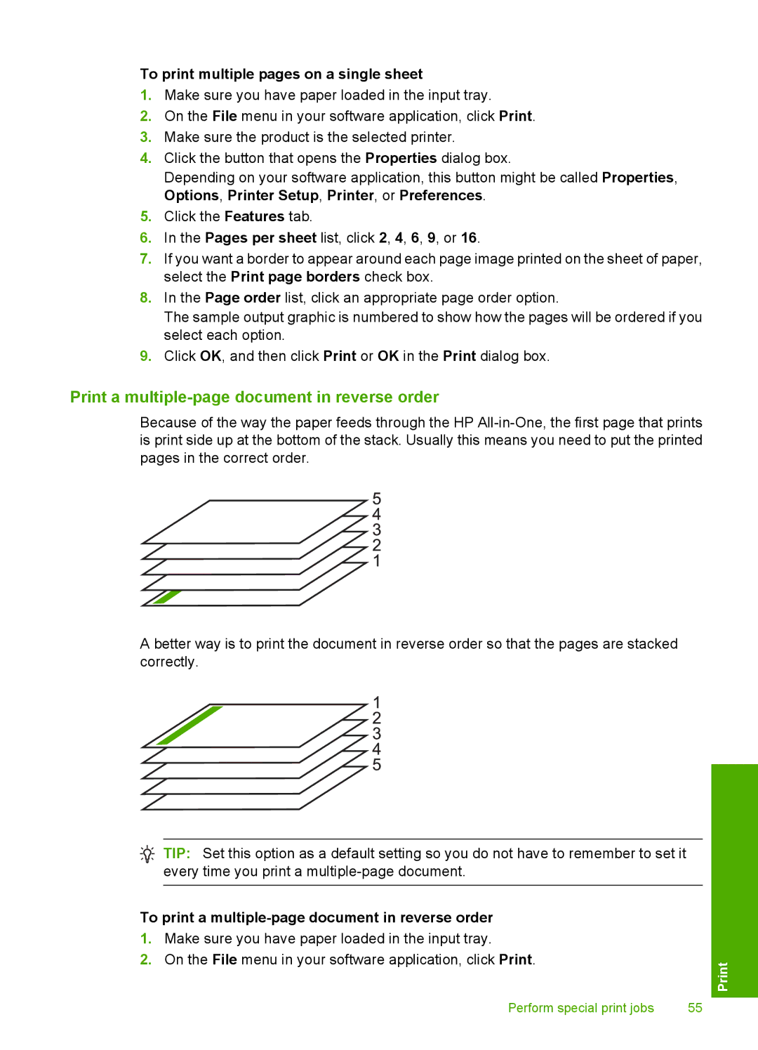 HP C4344, C4342 manual Print a multiple-page document in reverse order, To print multiple pages on a single sheet 