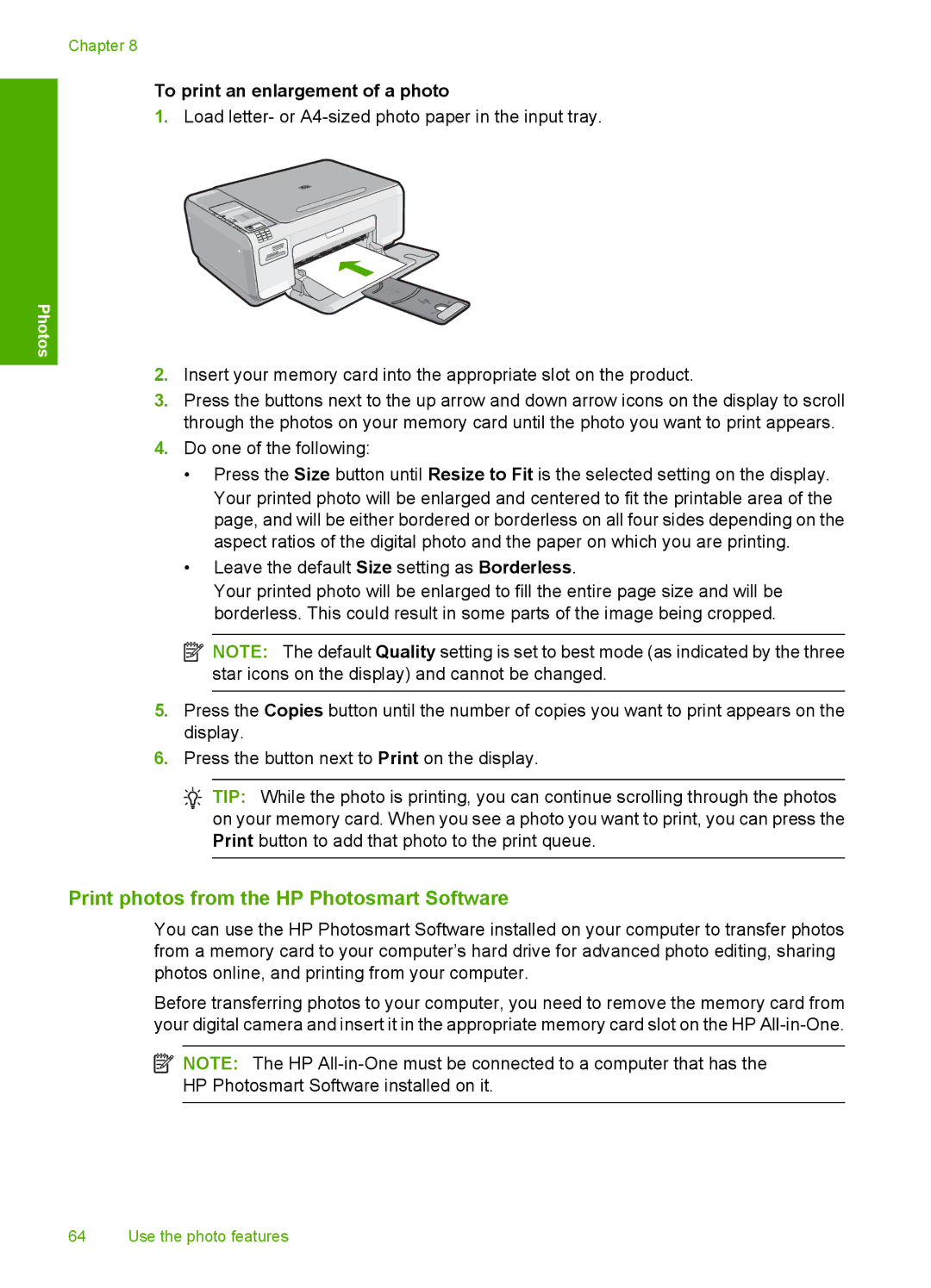 HP C4342, C4344 manual Print photos from the HP Photosmart Software, To print an enlargement of a photo 