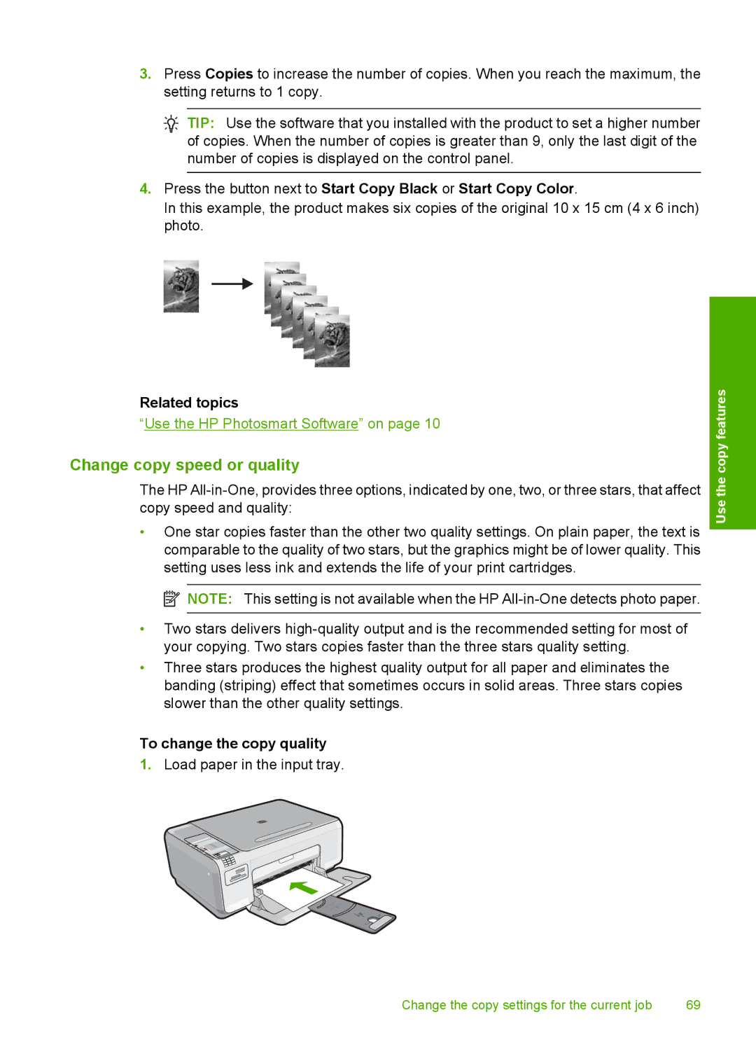 HP C4344, C4342 manual Change copy speed or quality, To change the copy quality 