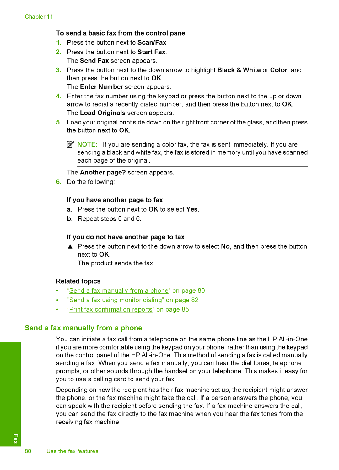 HP C4342 Send a fax manually from a phone, To send a basic fax from the control panel, If you have another page to fax 