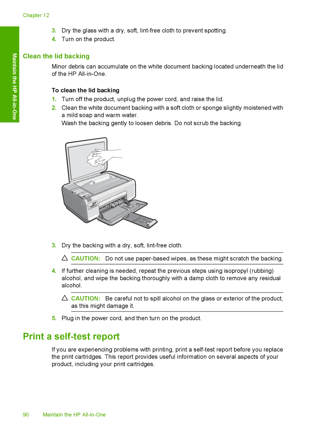 HP C4342, C4344 manual Print a self-test report, Clean the lid backing, To clean the lid backing 