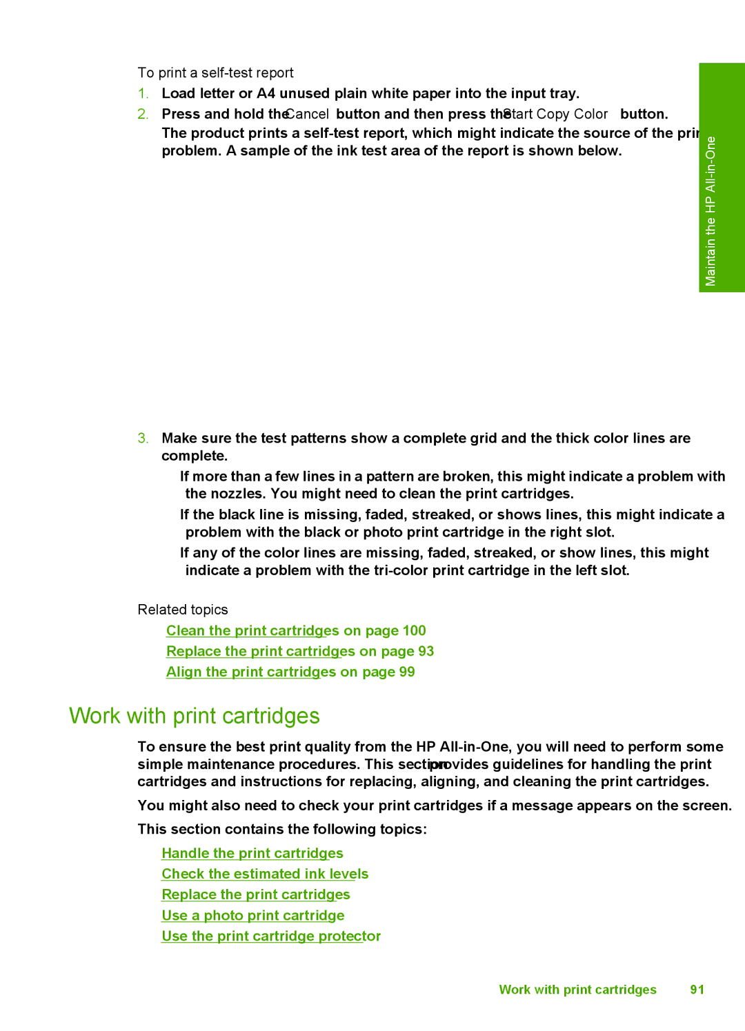 HP C4344, C4342 manual Work with print cartridges, To print a self-test report 