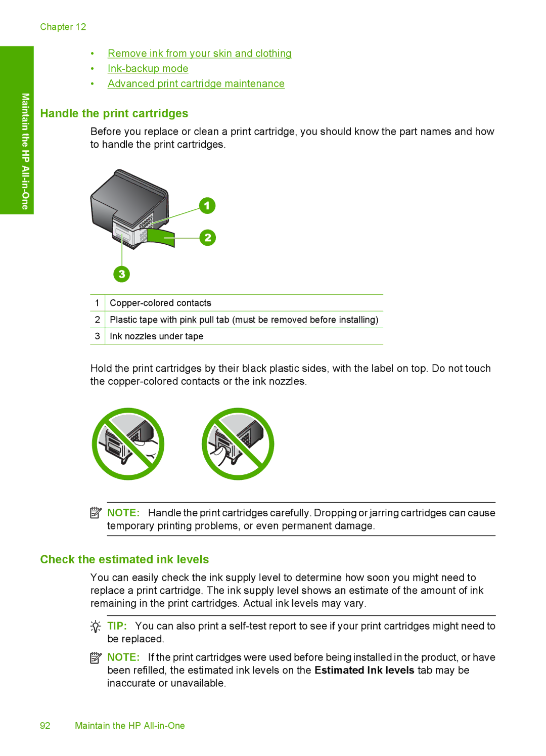 HP C4342, C4344 manual Handle the print cartridges, Check the estimated ink levels 