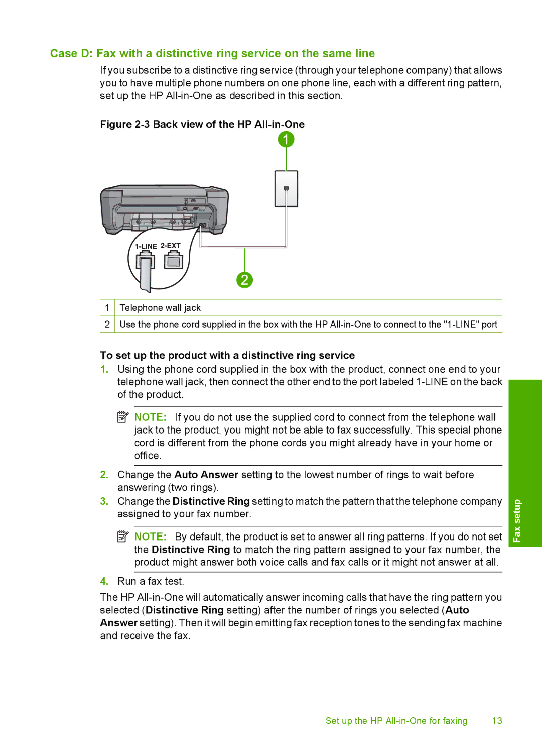 HP C4344 manual Case D Fax with a distinctive ring service on the same line 