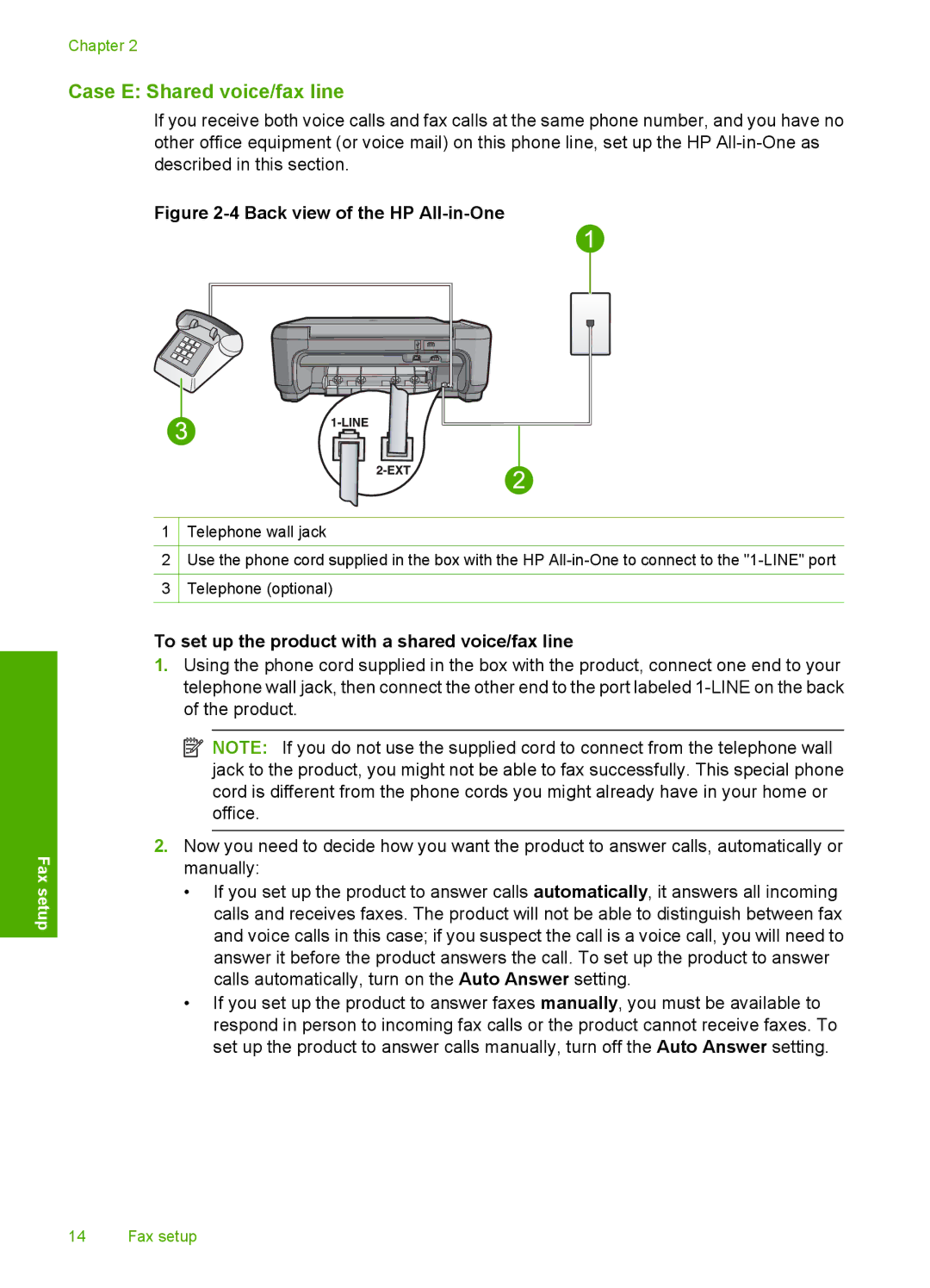 HP C4344 manual Case E Shared voice/fax line, To set up the product with a shared voice/fax line 