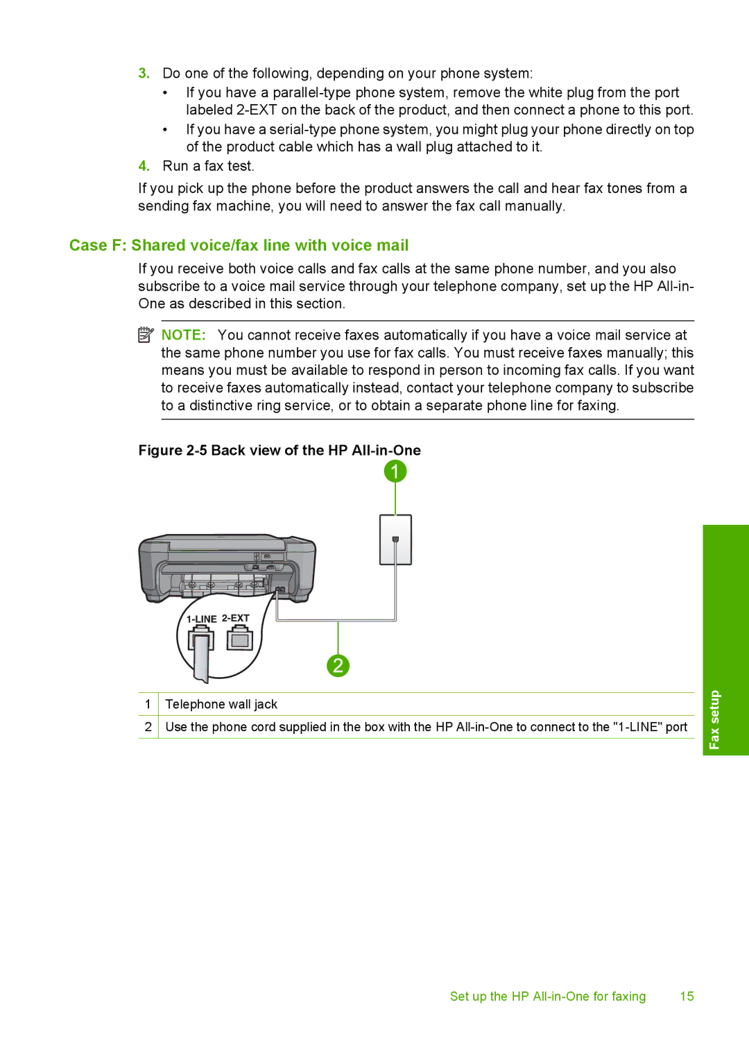 HP C4344 manual Case F Shared voice/fax line with voice mail, Do one of the following, depending on your phone system 