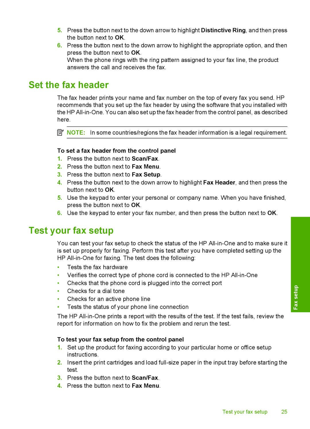 HP C4344 manual Set the fax header, Test your fax setup, To set a fax header from the control panel 