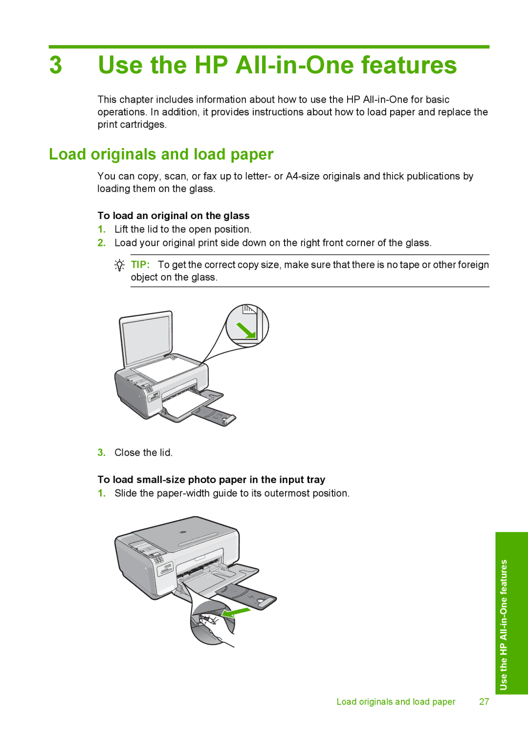 HP C4344 Load originals and load paper, To load an original on the glass, To load small-size photo paper in the input tray 