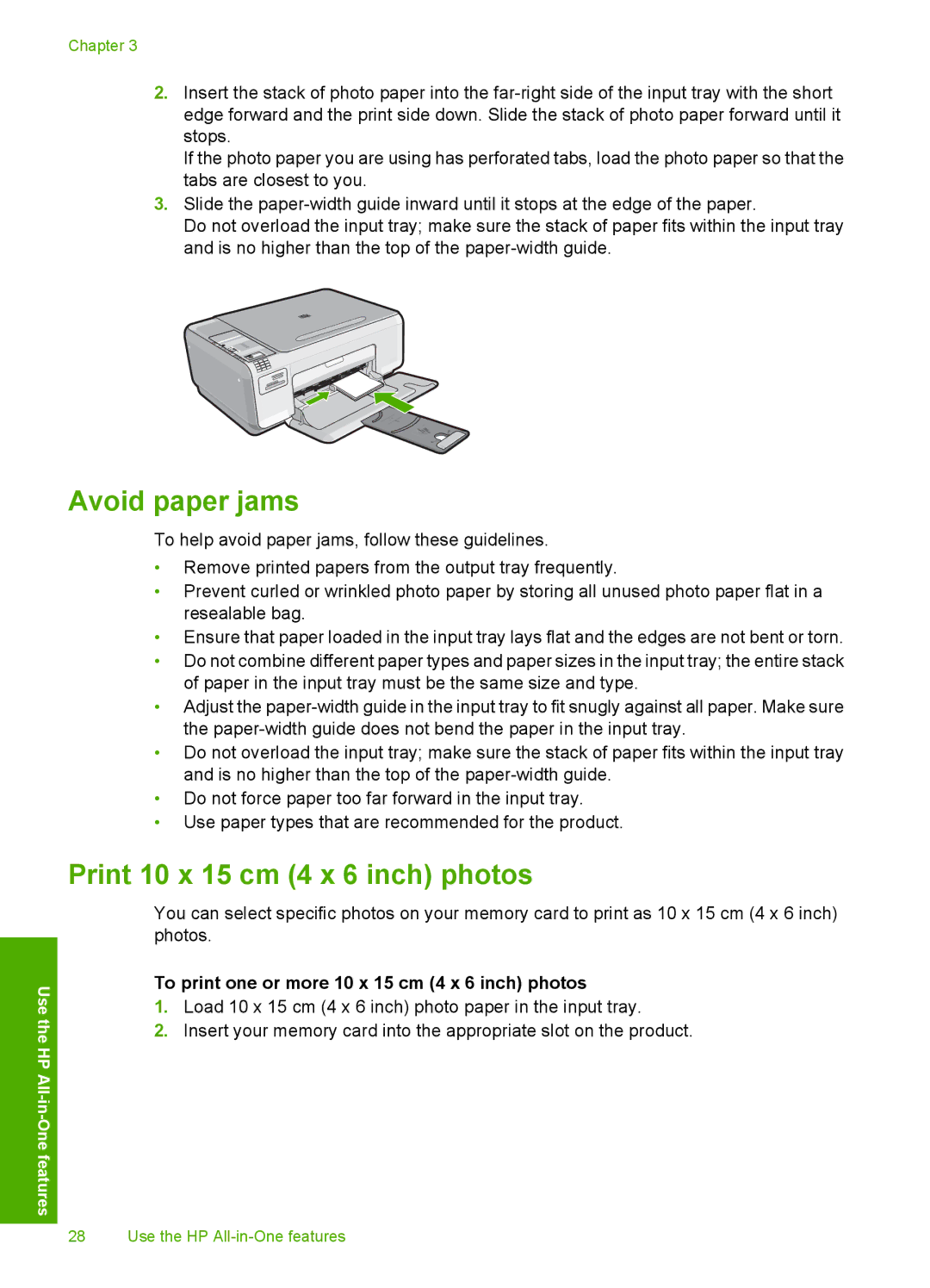 HP C4344 manual Avoid paper jams, Print 10 x 15 cm 4 x 6 inch photos, To print one or more 10 x 15 cm 4 x 6 inch photos 