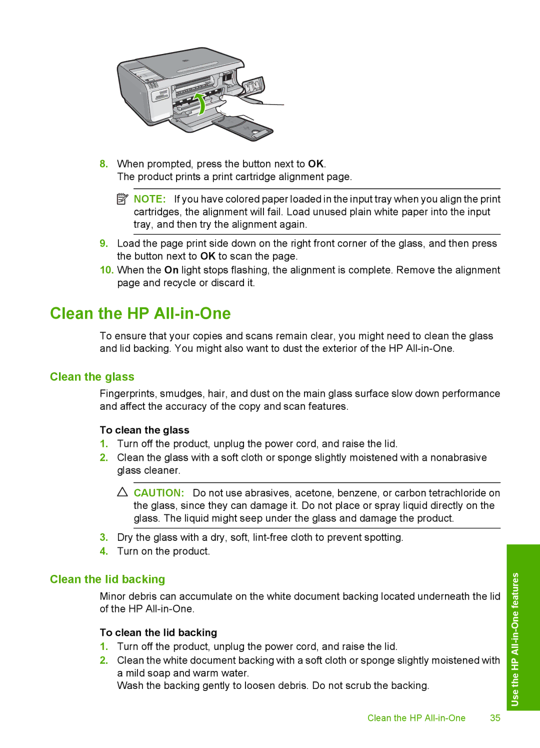 HP C4344 Clean the HP All-in-One, Clean the glass, Clean the lid backing, To clean the glass, To clean the lid backing 